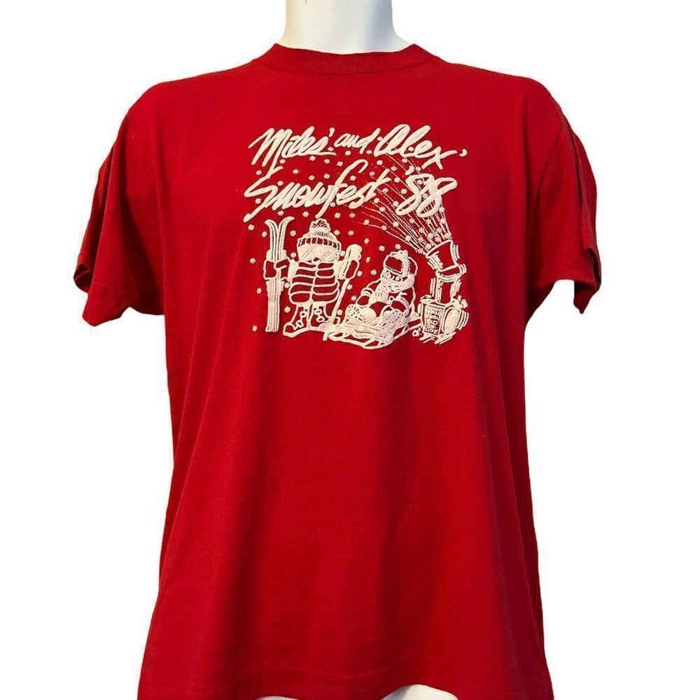 Vtg Large Mike & Alex Snowfest Puffy Paint T Shirt 1988 Skiing Sledding Snowing